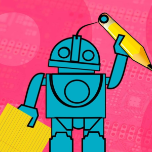 A small metal robot holding pencil