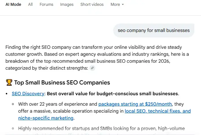 Example_ Google AI Mode results for _SEO company for small businesses_