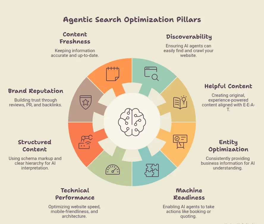 What are the core pillars of agentic search optimization strategies?