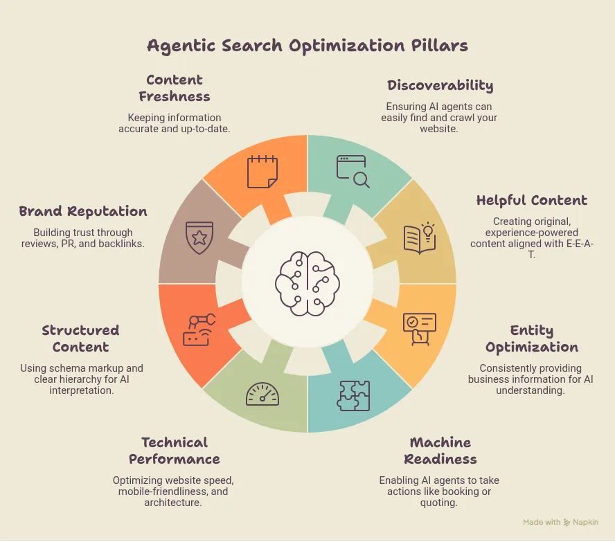 What are the core pillars of agentic search optimization strategies?
