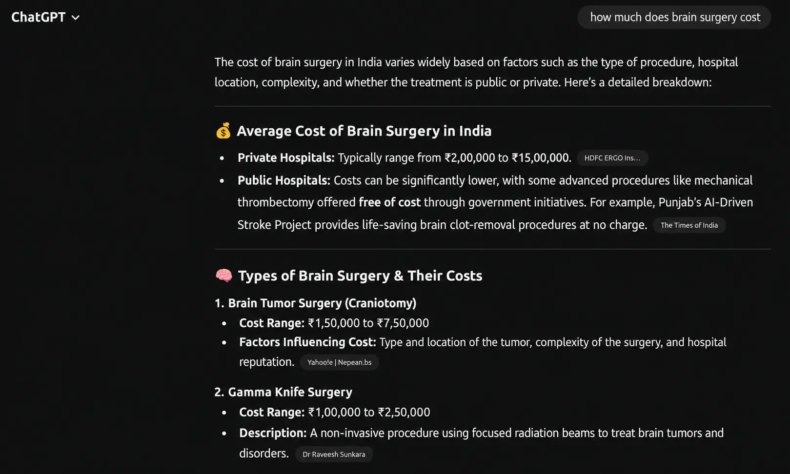 ChatGPT answer citing Dr. Raveesh Sunkara's website for brain surgery cost query